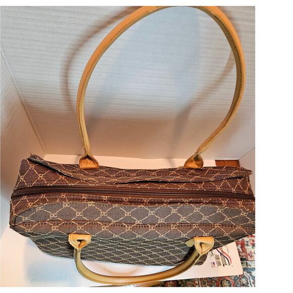 Pierre Cardin Travel Laptop Tote Briefcase Canvas Brown Tan 2 top handles VTG - Picture 6 of 10